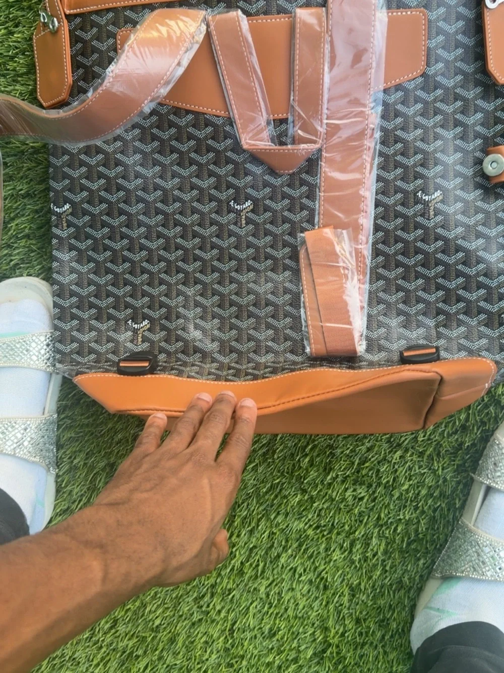 Goyard Men’s Brown Patterned Canvas Laptop Bag with Tan Leather Trim